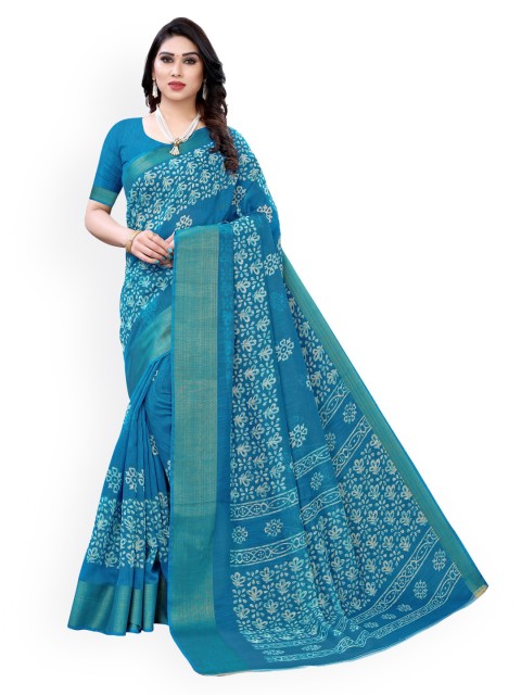 

KALINI Blue & White Polycotton Printed Saree