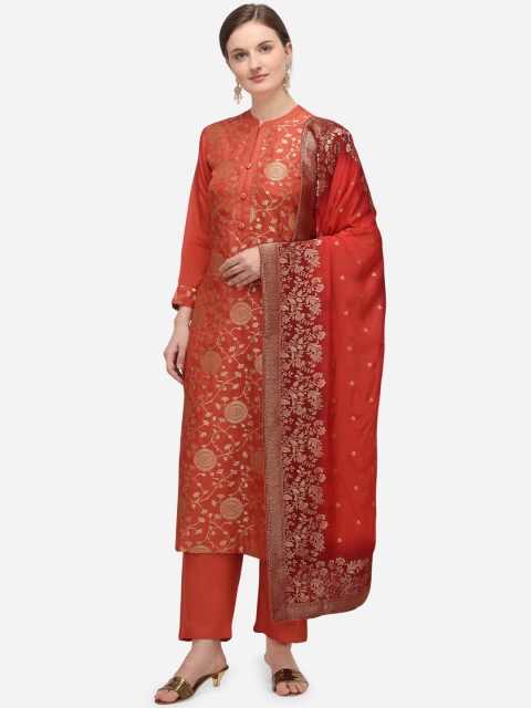 

Seerat Women Rust Printed Regular Straight Pure Silk Jacquard Kurta, Palazzos & Stole
