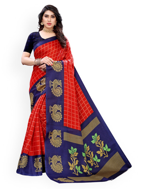 

KALINI Red & Navy Blue Silk Blend Checked Khadi Saree