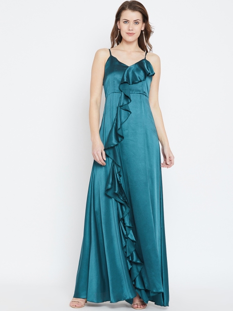 

Berrylush Teal Blue Satin Ruffle Maxi Dress