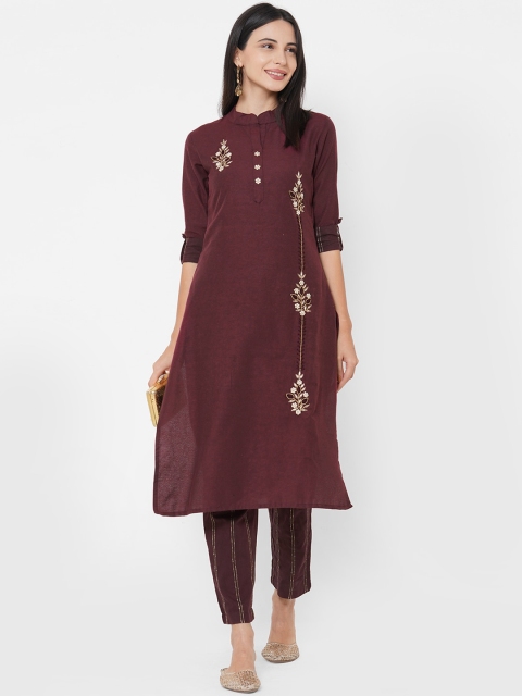 FASHOR Women Burgundy Floral Embroidered Regular A-Line Thread Work Kurta with Trousers
FASHOR Women Burgundy Floral Embroidered Regular A-Line Thread Work Kurta with Trousers