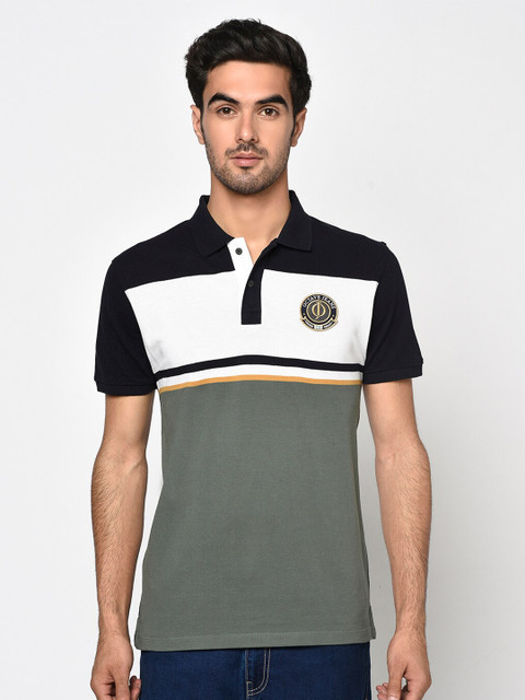 

Octave Men Olive Green and White Colourblocked Cotton Polo Collar T-shirt