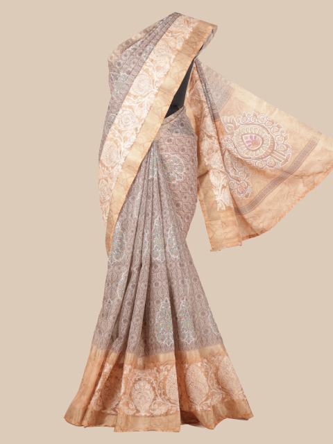

Pothys Grey & Peach-Coloured Linen Blend Printed Saree