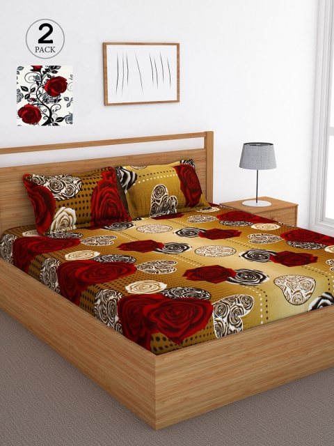 

Bedspun Brown & Red Floral 120 TC Cotton 2 Queen Bedsheet with 4 Pillow Covers