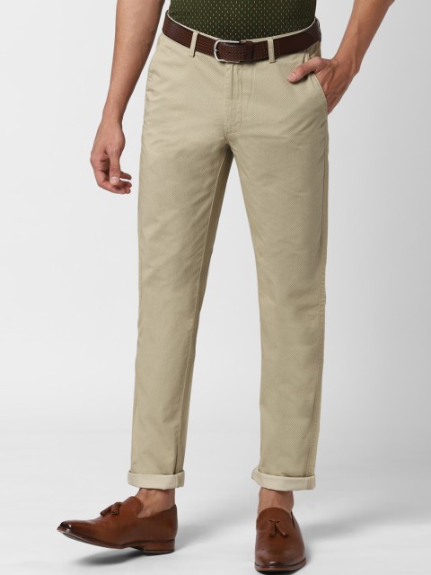 

Peter England Men Beige Pure Cotton Slim Fit Self Design Regular Trousers