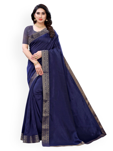 

KALINI Navy Blue & Gold-Toned Poly Silk Solid Saree