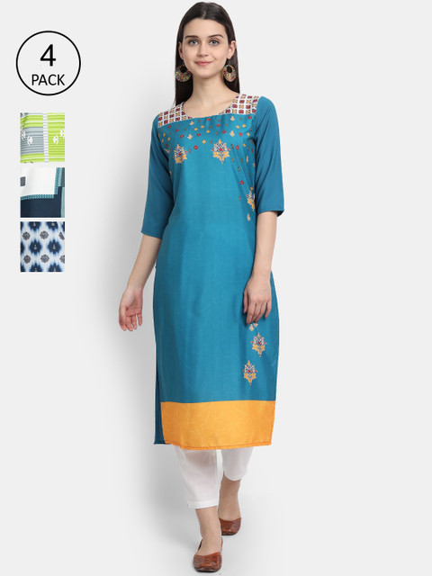 

Ethnic basket Women Pack Of 4 Printed Crepe Kurtas, Blue