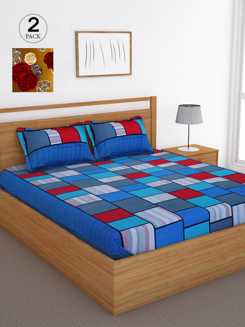 

Bedspun Blue & Maroon Geometric 120 TC Cotton 2 Queen Bedsheet with 4 Pillow Covers