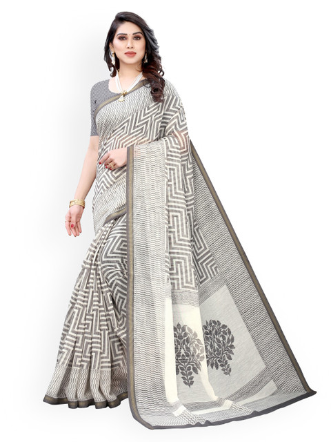 

KALINI Grey & White Polycotton Printed Saree