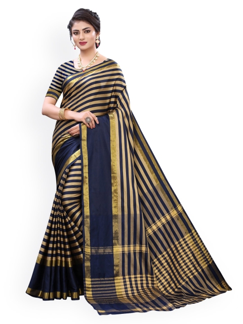 

KALINI Navy Blue & Gold-Coloured Poly Silk Striped Banarasi Saree