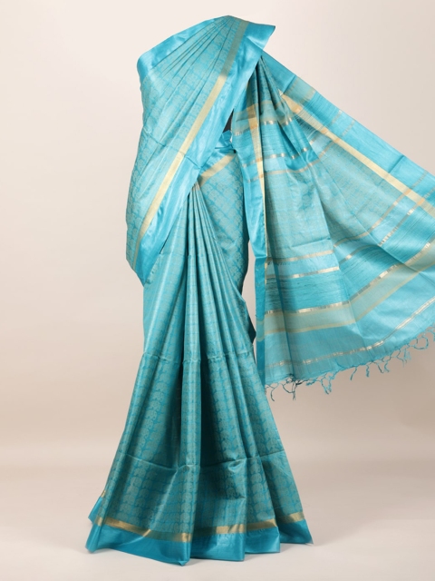 

Pothys Blue Pure Silk Printed Tussar Saree