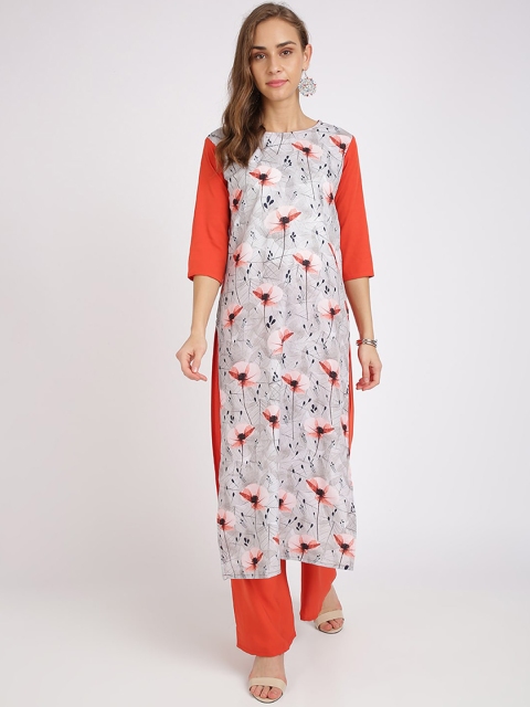 

Florence Women Grey Floral Printed Thread Work Crepe Kurta