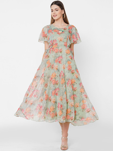 

FASHOR Green & Orange Floral Chiffon Midi Dress