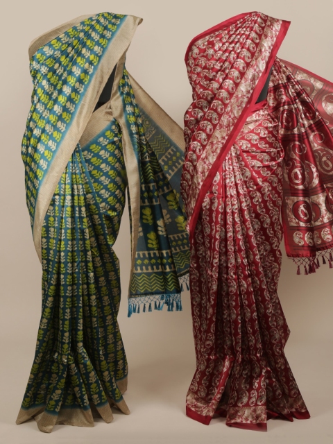 

Pothys Blue & Maroon Set of 2 Jute Silk Printed Saree
