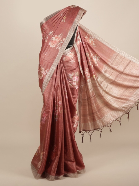 

Pothys Peach-Coloured Floral Printed Jute Silk Saree With Tasseled Pallu