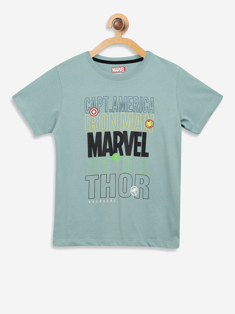 

Octave Boys Teal Marvel Print Round Neck Cotton T-shirt