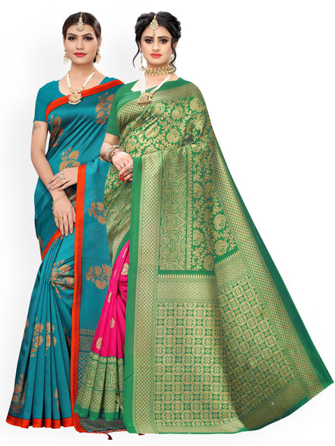 

KALINI Pack Of 2 Art Silk Woven Design Sarees, Sea green