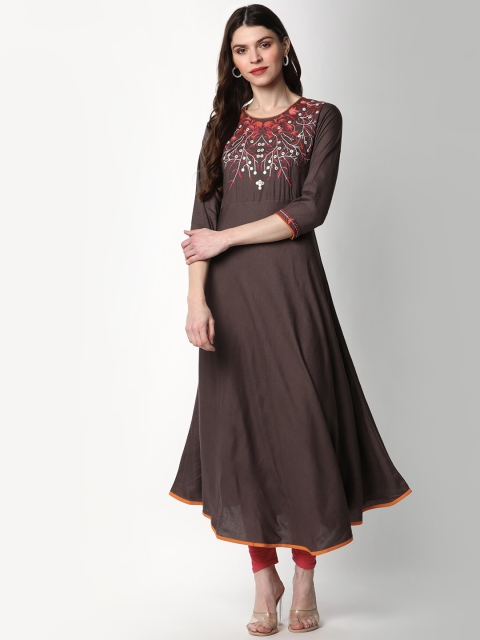 

mokshi Women Grey & Orange Embroidered Thread Work Anarkali Kurta