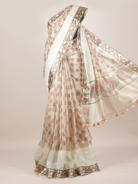

Pothys Gold-Toned & Pink Linen Blend Printed Saree