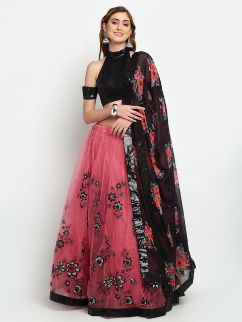 

panchhi Pink & Black Embellished Semi-Stitched Lehenga & Unstitched Blouse with Dupatta