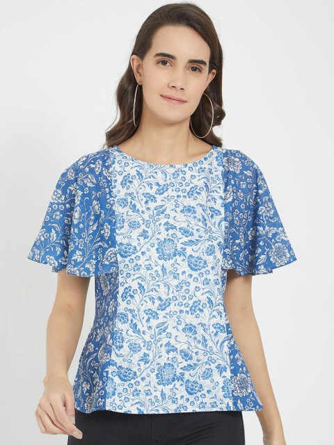 

Fusion Beats Blue & White Floral Flared Sleeves A-Line Top