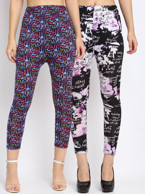 NEUDIS Women Pack Of 2 Printed Tapered-Fit Ankle-Length Leggings, Black