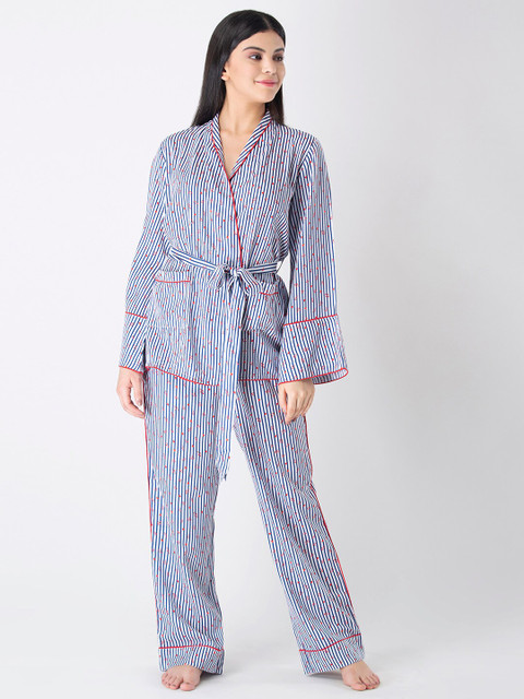 

ADORENITE Women White & Blue Striped Night suit