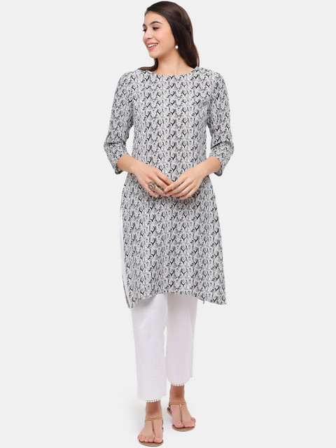

IMARA Women Off White & Grey Ethnic Motifs Printed Kurta