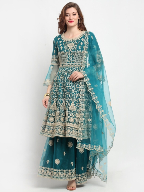

Stylee LIFESTYLE Teal & Gold-Toned Net Semi-Stitched Dress Material