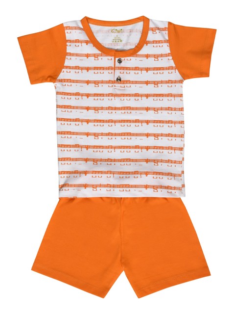 

Kiwi Boys Off-White & Orange Striped Pure Cotton T-shirt with Shorts