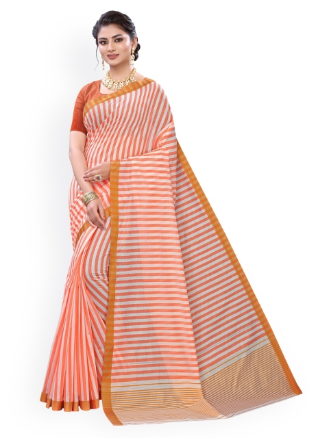 KALINI Peach-Coloured & Grey Polycotton Striped Saree