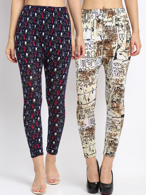 

NEUDIS Women Pack Of 2 Printed Ankle-Length Leggings, Beige