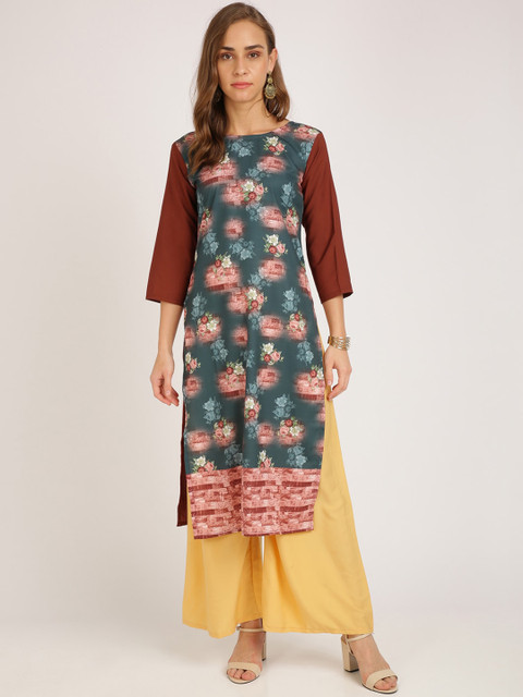 

Florence Women Teal Green & Maroon Floral Printed Regular Straight Kurta with Palazzos