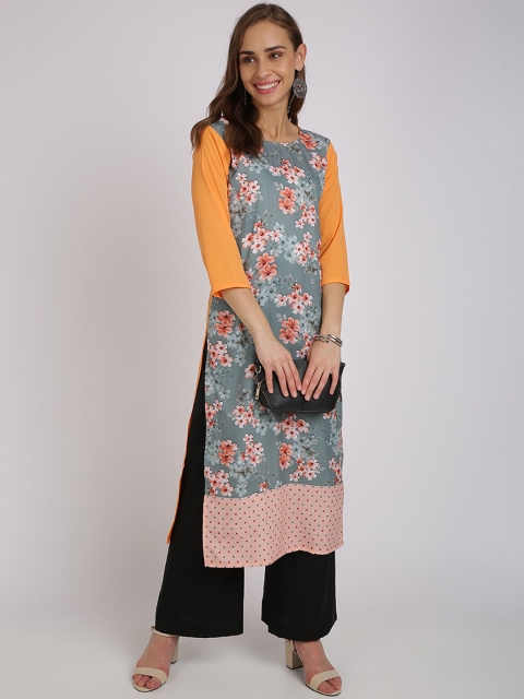 

Florence Women Grey & Orange Floral Printed Regular Straight Kurta with Palazzos