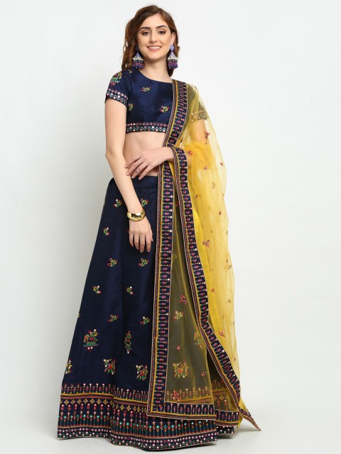 

panchhi Navy Blue & Yellow Embroidered Semi-Stitched Lehenga & Unstitched Blouse with Dupatta