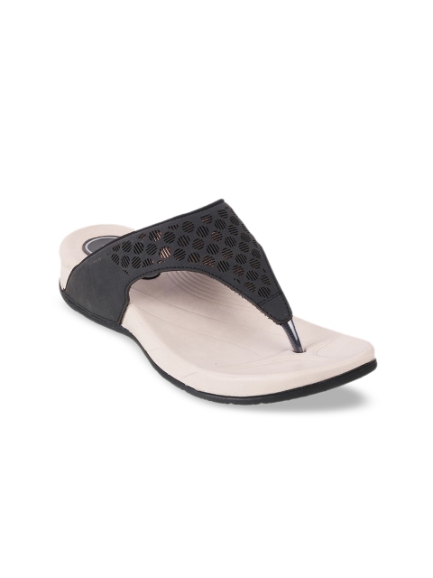 

WALKWAY Women Black & Gold-Toned Solid Flats T-Strap Flats with Laser-Cut Detail