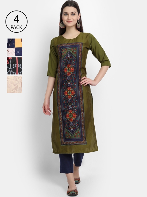 

Ethnic basket Women Pack of 4 Printed Crepe Kurtas, Green