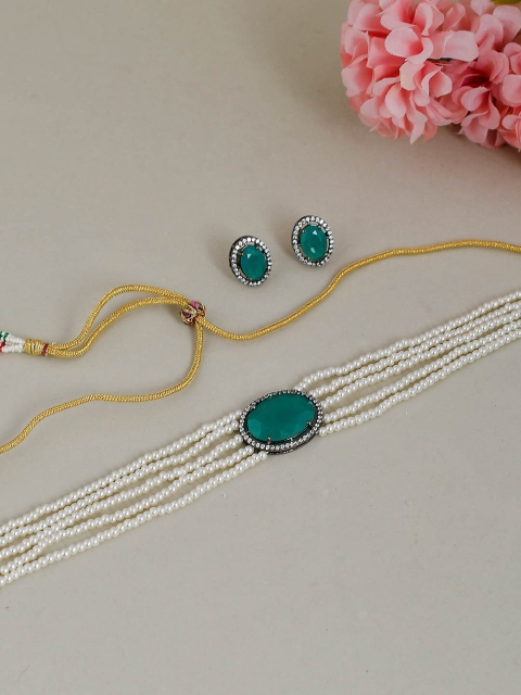 

Silvermerc Designs Silver-Plated Teal Green & White Handcrafted Jewellery Set