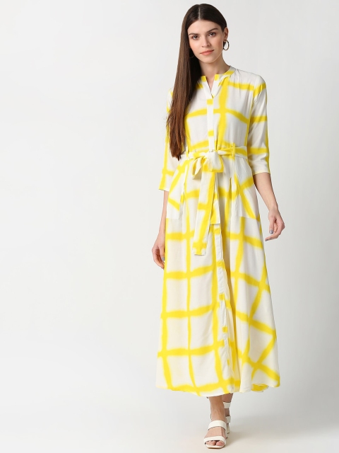 

mokshi Yellow & White Checked Maxi Dress