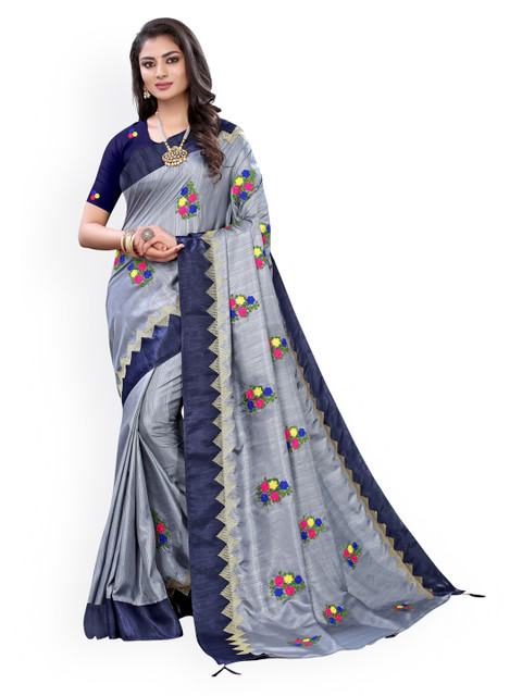 

KALINI Grey & Blue Poly Silk Embroidered Saree
