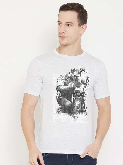 

Okane Men White Printed Round Neck T-shirt