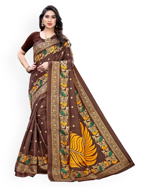 

KALINI Brown & Beige Silk Blend Printed Khadi Saree