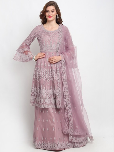 

Stylee LIFESTYLE Pink & Silver-Toned Net Semi-Stitched Dress Material