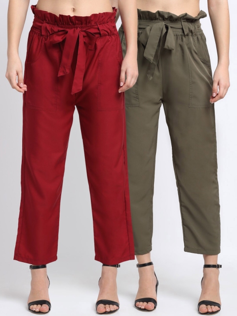 

NEUDIS Women Pack Of 2 Solid Peg Trousers, Maroon