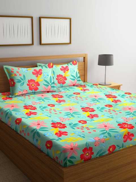 

KLOTTHE Unisex Multi Floral Polycotton Bedsheet with 2 Pillow Covers, Sea green