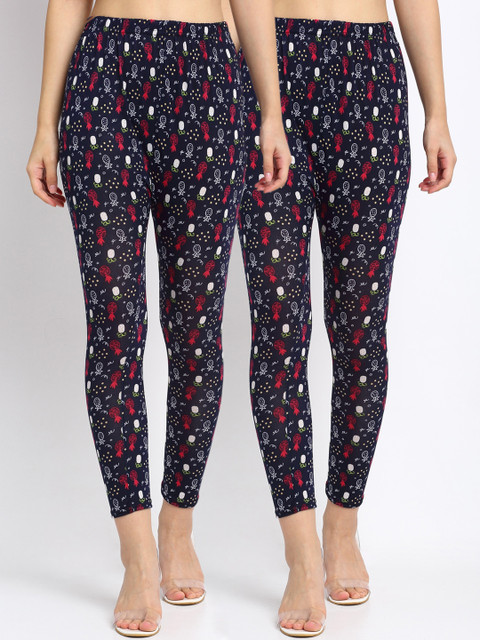 

NEUDIS Women Pack Of 2 Black & Red Printed Tapered-Fit Ankle-Length Leggings