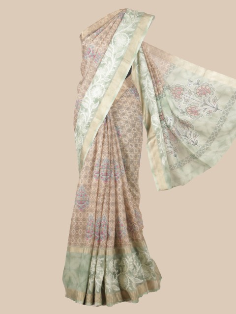 

Pothys Cream-Coloured & Green Linen Blend Printed Saree