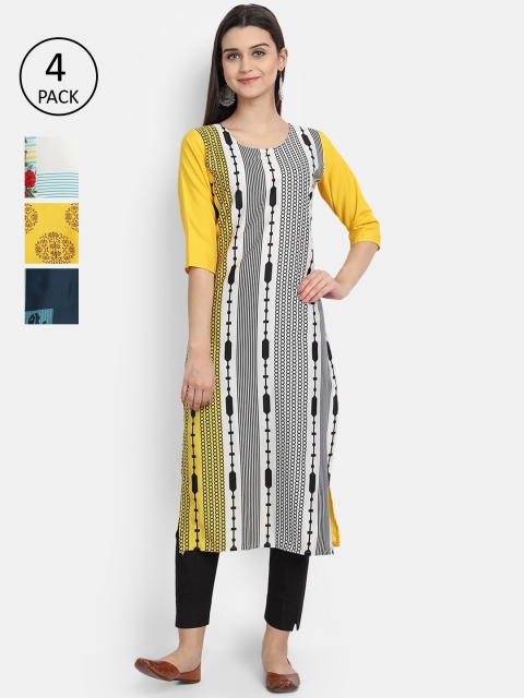 

Ethnic basket Women Pack of 4 Printed Crepe Kurtas, Yellow