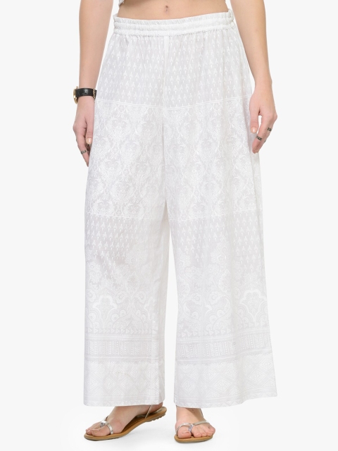 

KSUT Women White Printed Wide Leg Palazzos