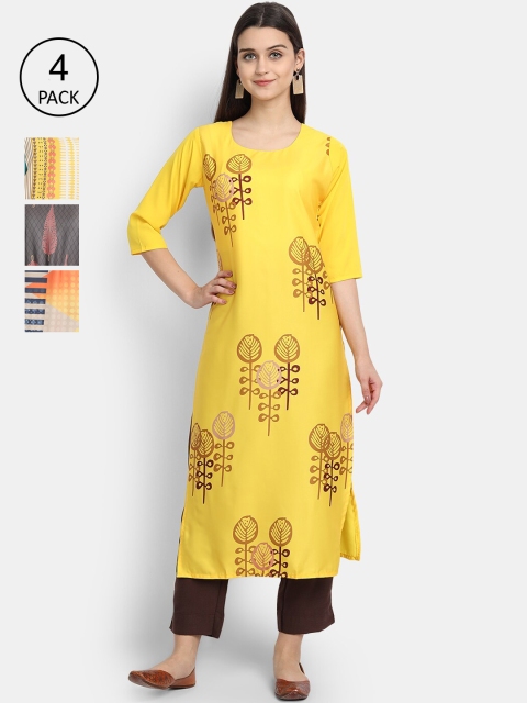 

Ethnic basket Women Pack Of 4 Printed Crepe Kurtas, Yellow
